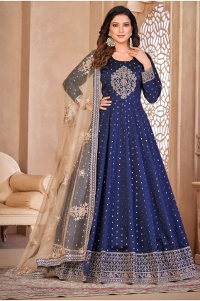 Taffeta Anarkali Suit in Blue with Embroidered AS3764