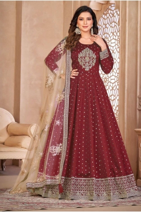 Taffeta Anarkali Suit with Embroidered in Maroon AS3765