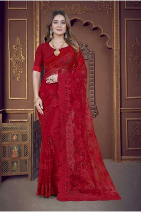 Saree Red in Net with Embroidered SR25719