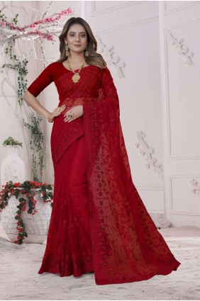 Embroidered Wedding Saree in Red Net SR25746