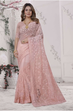 Net Dusty peach Wedding Saree in Embroidered SR25750