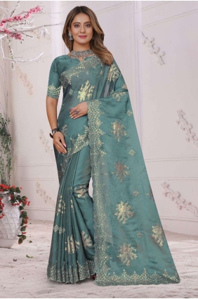 Dusty sky Organza Saree with Embroidered SR25764