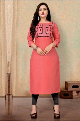 Pink Embroidered Cotton Kurti KTI2259