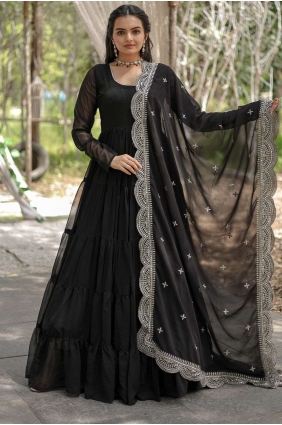 Faux georgette Plain Black Gown Dress with Dupatta GW0685