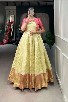 Cream Gown Dress with Weaving Jacquard silk GW0706