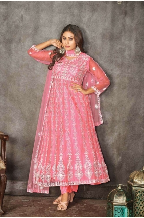 Peach Anarkali Suit in Embroidered Net AS3826