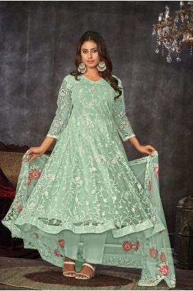 Embroidered Net Anarkali Suit in Light green SK154585