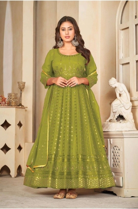Georgette Anarkali Suit in Light green with Embroidered AS3839