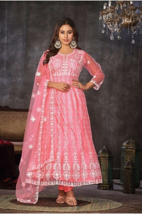 Anarkali Suit in Peach Net with Embroidered AS3842
