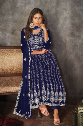 Embroidered Net Anarkali Suit in Blue with Dupatta AS3845
