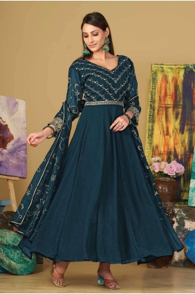 Turquoise blue Embroidered Georgette Anarkali Suit AS3865