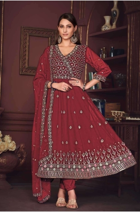 Georgette Anarkali Suit in maroon with Embroidered AS3867