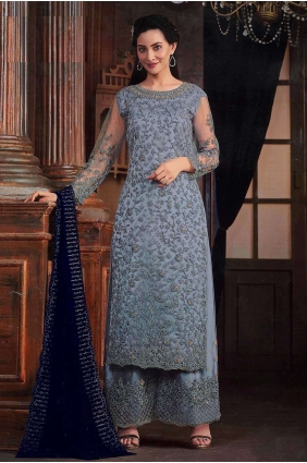 Grey Palazzo Suit with Embroidered Net PZ3975