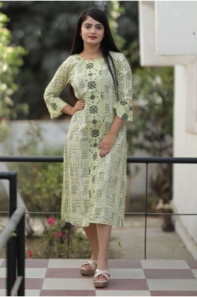 Printed Cotton Olive Kurti with Dupatta KTI2386