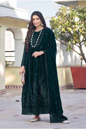 Embroidered Georgette Straight Pant Suit in Green SK154596