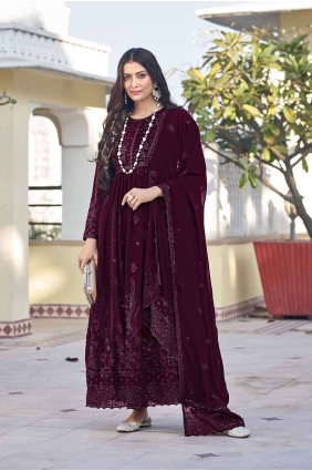 Georgette Maroon Anarkali Suit in Embroidered AS3897