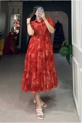 Maroon Georgette Printed Gown Dress with Dupatta GW0954