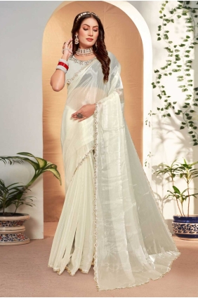 Cream Saree in Silk with Zardosi SR27408