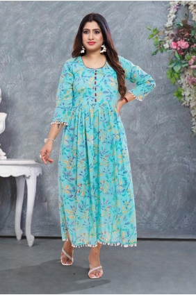 Rayon Kurti with Digital print in Sky blue KTI2534