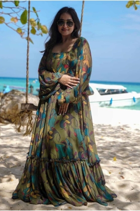 Digital print Chiffon Gown Dress in Blue with Dupatta GW0970