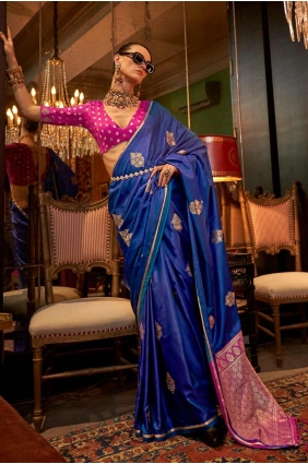 Embroidered Satin Saree in Violet with Blouse SR27530