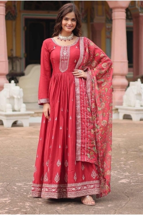 Embroidered Gown Dress in Maroon Chiffon GW0971