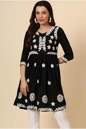 Rayon Kurti in Black with Embroidered KTI2541