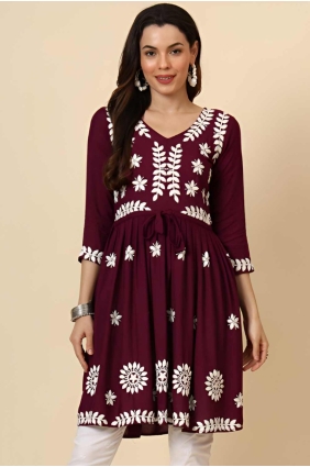 Rayon Kurti with Embroidered in Wine berry KTI2543