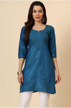 Process blue Cotton Embroidered Kurti with Dupatta KTI2546