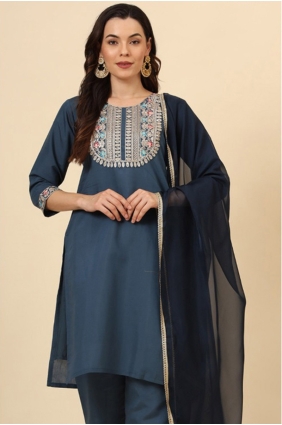 Embroidered Silk Salwar Kameez in Midnight blue with Dupatta SK154607