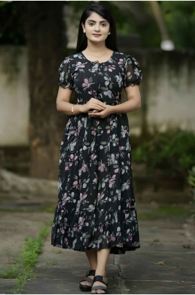 Georgette Gown Dress with Printed in Black GW0995