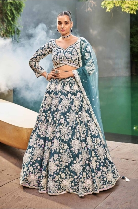 Lehenga Choli in Teal Satin with Thread LC8087