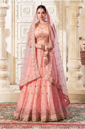 Dark peach Thread Lehenga Choli in Net LC8095
