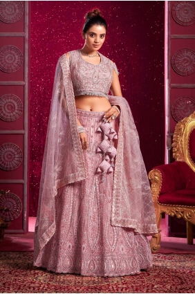 Net Lehenga Choli in Peach with Sequins LC8102