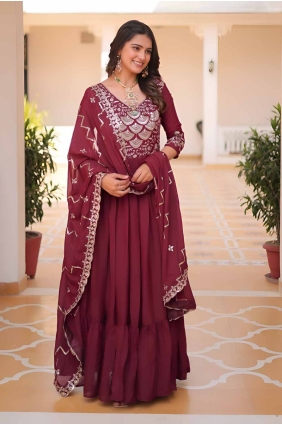 Georgette Embroidered Maroon Gown Dress with Dupatta GW1070