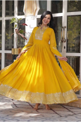 Yellow Gown Dress in Embroidered Faux georgette GW1072