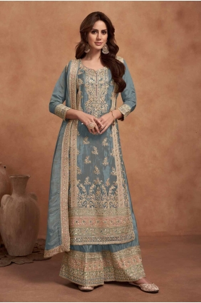 Grey Embroidered Eid Pakistani Suit in Silk SK155091