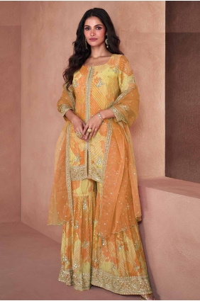 Embroidered Georgette Yellow Eid Palazzo Suit with Dupatta PZ4092