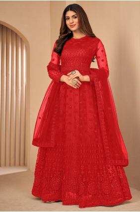 Red Net Embroidered Anarkali Suit with Dupatta AS3420