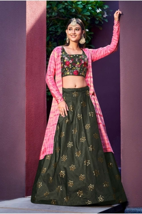 Olive green Cotton Embroidered Lehenga Choli with Dupatta LC6507