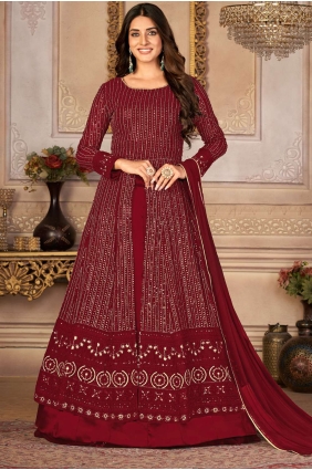 Faux georgette Embroidered Anarkali Suit in Maroon with Dupatta AS3430