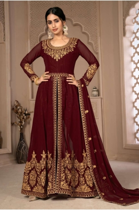Embroidered Eid Anarkali Suit in Maroon Faux georgette AS3436