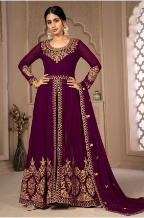 Purple Eid Anarkali Suit in Faux georgette with Embroidered AS3437