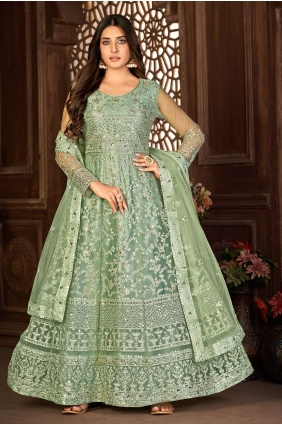 Green Net Embroidered Anarkali Suit with Dupatta AS3444