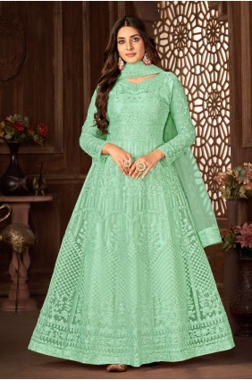 Net Embroidered Green Anarkali Suit with Dupatta AS3447