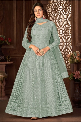 Anarkali Suit in Grey Net with Embroidered AS3448