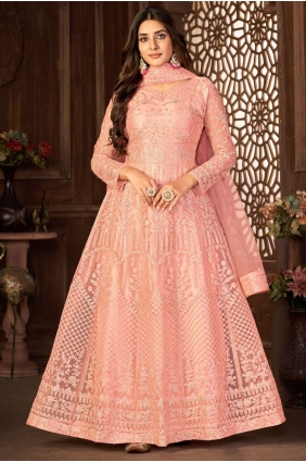 Peach Anarkali Suit in Net with Embroidered AS3449
