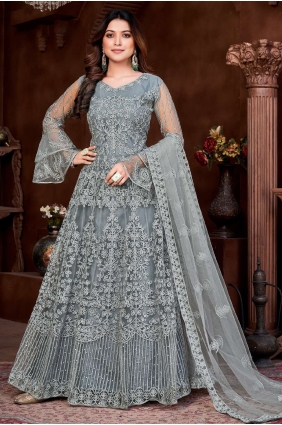 Net Grey Eid Anarkali Suit in Embroidered AS3461