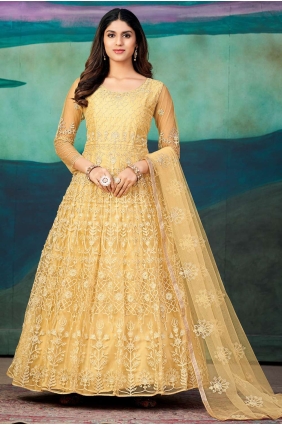 Embroidered Net Dark chiku Eid Anarkali Suit with Dupatta AS3469