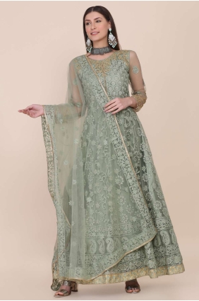 Eid Anarkali Suit in Light green Net with Embroidered AS3470